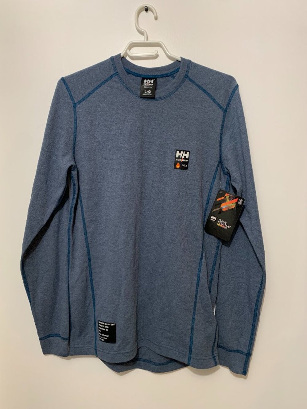 Helly Hansen Workwear FR Long Sleeve Shirt Mens Large Blue Flame Resistant CAT 2